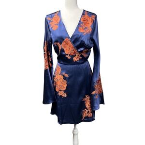 ASOS Design Wrap Dress Sz 12 Blue Embroidered Floral Mini Flared Sleeves